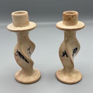 Vtg Carved Handpainted Soapstone Twisted Candlestick Holders Elephant Rhinoceros